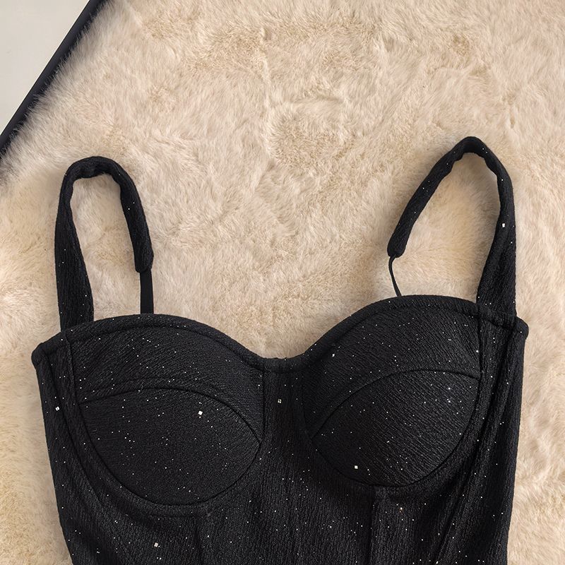 Black Sparkle Bustier Corset Top - Fishbone Strap Vest Elegant Slim Corset